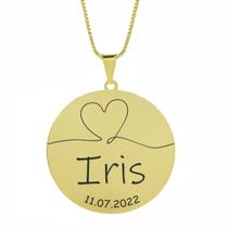 Gargantilha Pingente Redondo Personalizado Coração Nome Iris Banhado Ouro 18K - 999007354