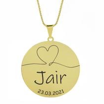Gargantilha Pingente Redondo Personalizado Coração Nome Jair Banhado Ouro 18K - 999007054