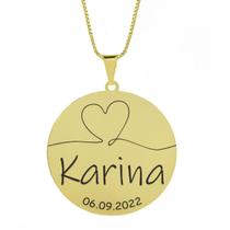 Gargantilha Pingente Redondo Personalizado Coração Nome Karina Banhado Ouro 18K - 999007389