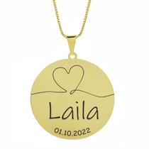 Gargantilha Pingente Redondo Personalizado Coração Nome Laila Banhado Ouro 18K - 999007404