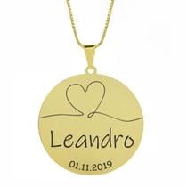 Gargantilha Pingente Redondo Personalizado Coração Nome Leandro Banhado Ouro 18K - 999007201