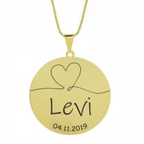 Gargantilha Pingente Redondo Personalizado Coração Nome Levi Banhado Ouro 18K - 999007204