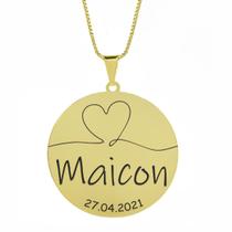 Gargantilha Pingente Redondo Personalizado Coração Nome Maicon Banhado Ouro 18K - 999007078