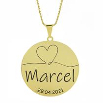 Gargantilha Pingente Redondo Personalizado Coração Nome Marcel Banhado Ouro 18K - 999007080