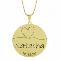 Gargantilha Pingente Redondo Personalizado Coração Nome Natacha Banhado Ouro 18K - 999007442