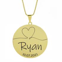 Gargantilha Pingente Redondo Personalizado Coração Nome Ryan Banhado Ouro 18K - 999007121