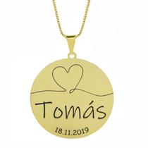 Gargantilha Pingente Redondo Personalizado Coração Nome Tomás Banhado Ouro 18K - 999007218