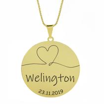 Gargantilha Pingente Redondo Personalizado Coração Nome Welington Banhado Ouro 18K - 999007223