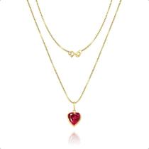 Gargantilha Veneziana Em Ouro 18k 750 45cm e Pingente Ponto de Luz Coração Vermelho Rubi