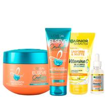 Garnier + Elseve Cachos Kit Gel de Limpeza Facial + Sérum Facial + Creme Noturno + Creme de Tratamento