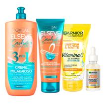 Garnier + Elseve Cachos Kit - Gel de Limpeza Facial + Sérum Facial + Creme Noturno + Creme Milagroso 3 em 1