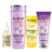 Garnier + Elseve Kit Gel de Limpeza Facial + Sérum Facial + Creme Hidratação Noturna + Shampoo Preenchedor