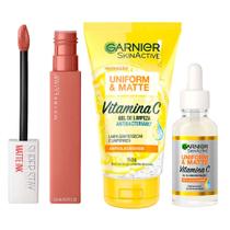 Garnier + Maybelline Kit Gel de Limpeza Facial + Sérum Facial + Batom Líquido SuperStay Matte Ink