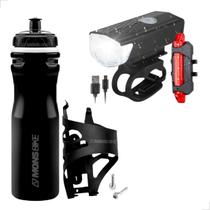Garrafa Caramanhola Squeeze Isotérmica 600ml + Suporte + Kit Farol e Lanterna Bike - Mons Bike