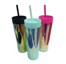 Garrafa Cintilante Canudo 500Ml Parede Dupla Tampa Plástico