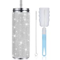 Garrafa Copo Térmica Água Suco Café 600ml Com Brilho Strass Canudo de Aço Inoxidável Kit Limpeza Academia Passeio Caminhada