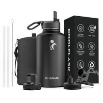 Garrafa de água Coolflask 1,9 L isolada com palha e 3 tampas pretas