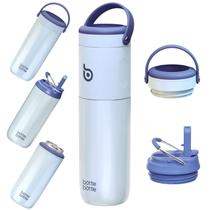 Garrafa de água, garrafa isolada de 530 ml com canudo, 2 tampas, azul