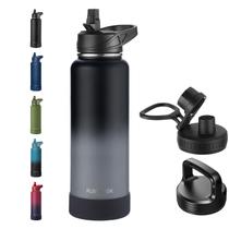 Garrafa de água RUBYFLASK isolada de 1,2 L com canudo, 3 tampas, preta, cinza