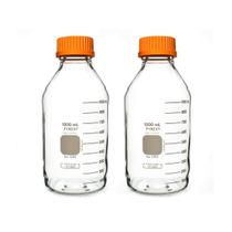 Garrafa de armazenamento de vidro Pyrex 1L com tampa de rosca GL45, pacote com 2 Garrafa de armazenamento de vidro Pyrex 1L com tampa de rosca GL45, pacote com 2