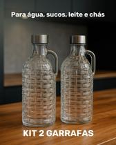 Garrafa de Vidro 1L com Alça e Tampa Inox Hermética Design Trama Elegante para Geladeira Suco Água