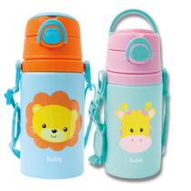 Garrafa Garrafinha Alumínio Infantil Bebe Suco Água Canudo Azul celeste Leão Girafa