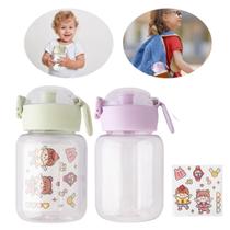 Garrafa Infantil 500ml Transparente e tampa colorida com Alça e Adesivos Decorativos