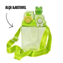 Garrafa Infantil Squeeze com Bico e Canudo Bichos Alça Ajustável Botão Trava Plástico 1 Litro