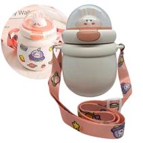 Garrafa Infantil Térmica Inox Com Alça Canudo Rosa E Branco - Hug Box