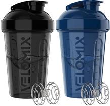 Garrafa Protein Shaker VELOMIX 600mL, pacote com 2 unidades com batedor de arame azul e preto