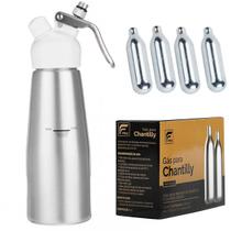 Garrafa Sifão Chantilly Profissional Para Cozinha Padeiro Confeitaria Uso Diário Standart 500ml Prata Kit Com 10 Cápsula