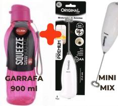Garrafa Squeeze 900 ml + Mini Mixer Kit Garrafinha de Academina + Mini Mix misturador de Bebidas Shake
