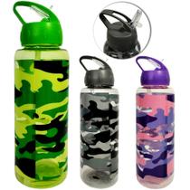 Garrafa squeeze de plastico pet camuflada com canudo + tampa flip top 800ml