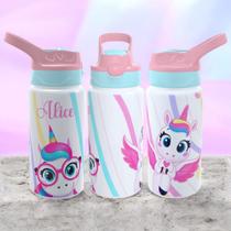 Garrafa Squeeze Infantil De Alumínio Unicórnio Puket com Nome Volta ás Aulas 500ml Garrafa Squeeze Infantil De Alumínio Unicórnio Puket com Nome Volta ás Aulas 500ml