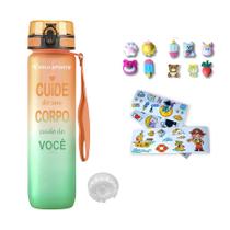 Garrafa Squeeze Plástica Gold Sports All Day Siliconada Com Filtro -1Litro - 4Bottons e Adesivos Garrafa Squeeze Plástica Gold Sports All Day Siliconada Com Filtro -1Litro - 4Bottons e Adesivos