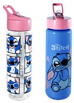 Garrafa Squeeze Plástica Stitch Flip Top Canudo Alça Disney 700ml Escola Passeio Lancheira