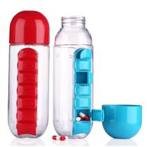 Garrafa Squeeze Plástico Shake Porta Comprimidos Capsula dia Da Semana 600ml 2 Em 1 Academia