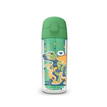 Garrafa Squeeze Termica 270ml Infantil Parede Dupla Canudo Silicone Agua Gelada Dinossauro