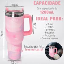 Garrafa Térmica 1200ml Inox Estilo Aquarela Degradê Tampa Transparente Com Canudo Alça Lateral Bebida Quente Fria Carro Festa Irsina