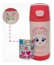 Garrafa Térmica 12H Infantil Escolar Click Com Bico Amo Gato Garrafa Térmica 12H Infantil Escolar Click Com Bico Amo Gato