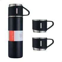 Garrafa Térmica a Vácuo Inox Kit 3 Xícaras PRETO Vacuum Flask Set 500ml