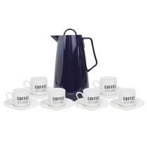 Garrafa Térmica Azul 1L Com 6 Xícaras E Pires Brancas 80ml Porcelana