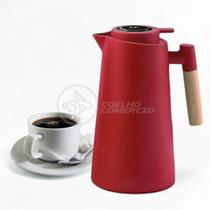 Garrafa Térmica de 1L Vermelho com Indicador Digital de Temperatura Alça de Madeira para Chá e Café