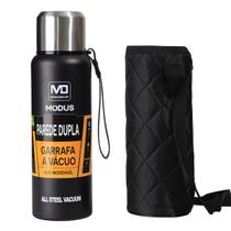 Garrafa Térmica de Aço Inoxidável Portátil Vácuo C/ Alça e Bolsa de Transporte 1000ml Preto Garrafa Térmica de Aço Inoxidável Portátil Vácuo C/ Alça e Bolsa de Transporte 1000ml Preto