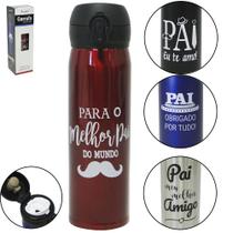 Garrafa termica de inox frases pai com botao e trava 420ml na caixa