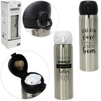 Garrafa termica de inox frases sortidas com tampa botao e trava 450ml