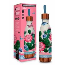 Garrafa térmica estampada com flores branca e rosa 300ml coma laça garrafinha de água agua floral farm decorada flor