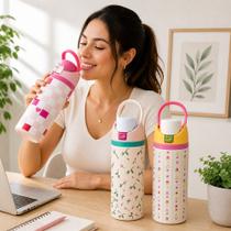 Garrafa Térmica Grande 720ml Com Alça Colorida Escolar Treino Canudo Embutido