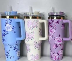 Garrafa Térmica Grande Floral 1.200ml Inox Tampa E Canudo