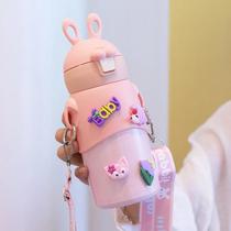 Garrafa Térmica Infantil Coelho Rosa com adesivos 3 D e alça